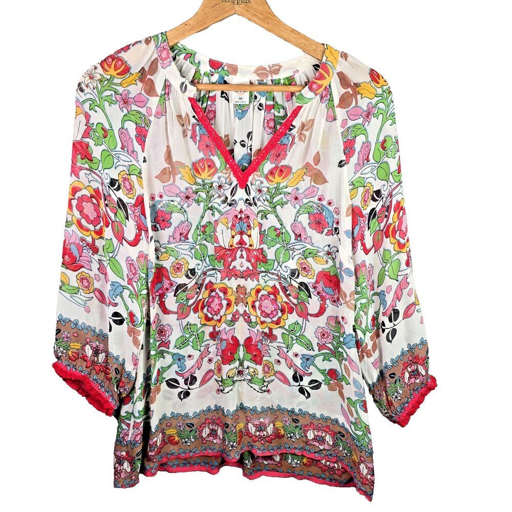 Bila Tunic Blouse Womens M Red Cream Sheer Crochet Cottage Colorful Sequins